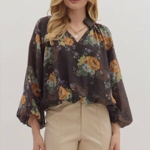 Entro Bubble Hem Chocolate Brown Floral Blouse Size Large